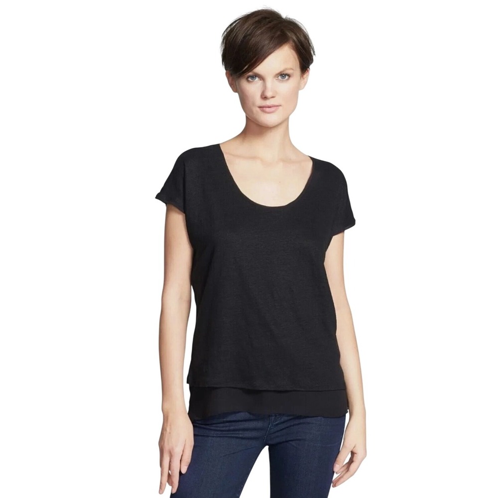 Vince Linen Silk Layered Top Tee Blouse Women XS Black Short Sleeve Scoop Neck